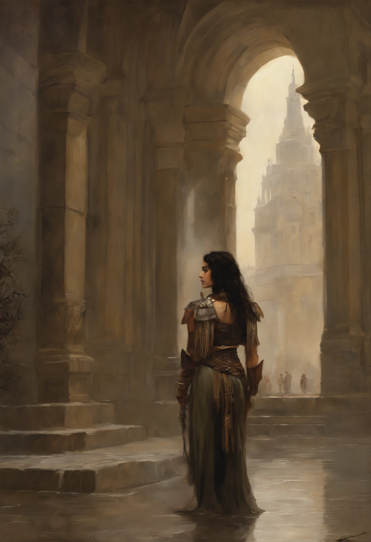 真实感, dark fantasy style, John Tolkien style, Small painting by Jean-Baptiste Monge, Soft facial features, Girl in the image of Cleopatra, girl dressed, like Cleopatra looking into the distance, Long wavy dark hair, hair blowing in wind, In a short dark leather jacket....., Jeans, predatory nature, Standing next to a motorcycle, rain is dripping, The city, megalopolis, city trail, big house, glass skyscraper Jean-Baptiste Monge, anthropomorphic --ar 2:3 --testp -optimistic;