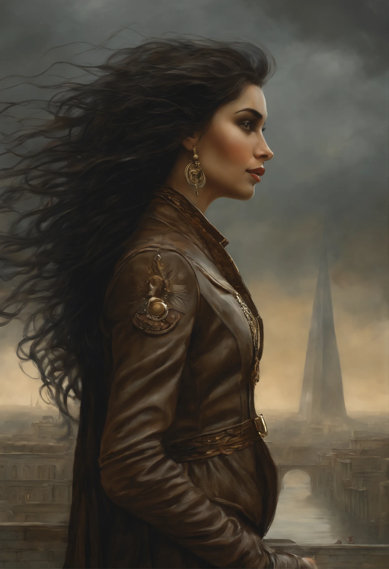真实感, dark fantasy style, John Tolkien style, Small painting by Jean-Baptiste Monge, Soft facial features, Girl in the image of Cleopatra, girl dressed, like Cleopatra looking into the distance, Long wavy dark hair, hair blowing in wind, In a short dark leather jacket....., Jeans, predatory nature, Standing next to a motorcycle, rain is dripping, The city, megalopolis, city trail, big house, glass skyscraper Jean-Baptiste Monge, anthropomorphic --ar 2:3 --testp -optimistic;