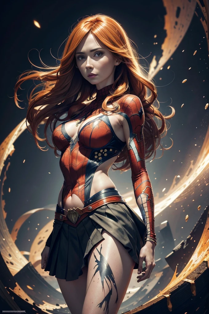 "Karen Gillan, showing her belly button, In New York, wearing a torn spiderman suit, Wearing a skirt, abstract photorealistic, artistic, Alphonse Mucha&#39;Masterpieces of painting, Best Quality, High resolution:1.4), Detailed, Intricate details, 4K, color splashes, line-drawing, Fibonacci, hight resolution, Vibrant colors, with fantasy background, Female features&#39;Flowing hair and dramatic light rays.."