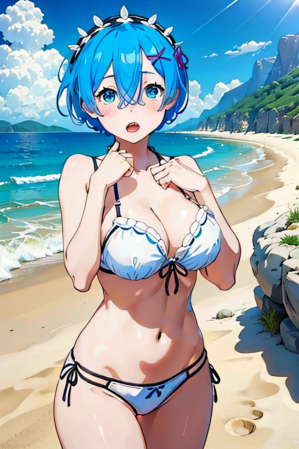 1girl, Rem, (white bikini:1.2), medium breast, on the beach, open mouth,, (masterpiece:1.2), highres, best quality, 8k,