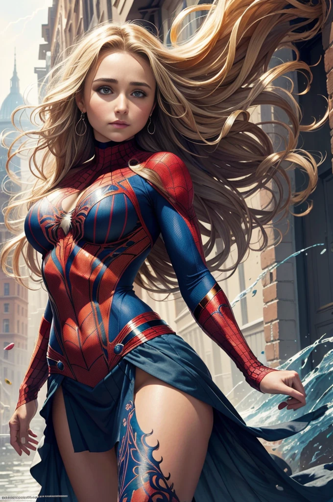 "Hayden Panettiere, showing her belly button, In New York, wearing a torn spiderman suit, Wearing a skirt, abstract photorealistic, artistic, Alphonse Mucha'Masterpieces of painting, Best Quality, High resolution:1.4), Detailed, Intricate details, 4K, color splashes, line-drawing, Fibonacci, hight resolution, Vibrant colors, with fantasy background, Female features'Flowing hair and dramatic light rays.."
