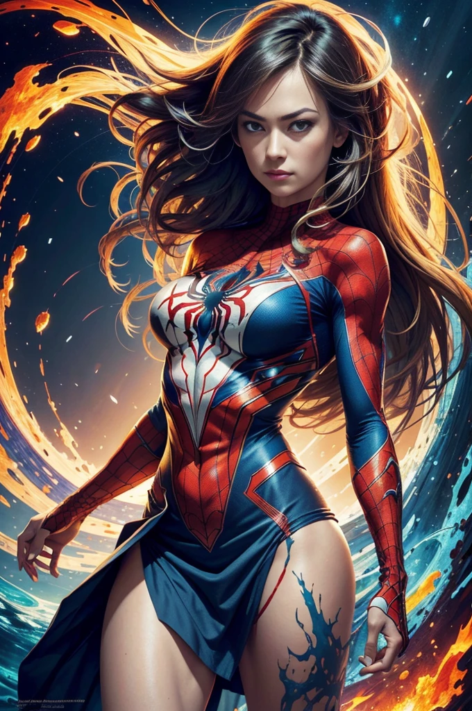 "Yvonne Strahovski, showing her belly button, In New York, wearing a torn spiderman suit, Wearing a skirt, abstract photorealistic, artistic, Alphonse Mucha'Masterpieces of painting, Best Quality, High resolution:1.4), Detailed, Intricate details, 4K, color splashes, line-drawing, Fibonacci, hight resolution, Vibrant colors, with fantasy background, Female features'Flowing hair and dramatic light rays.."