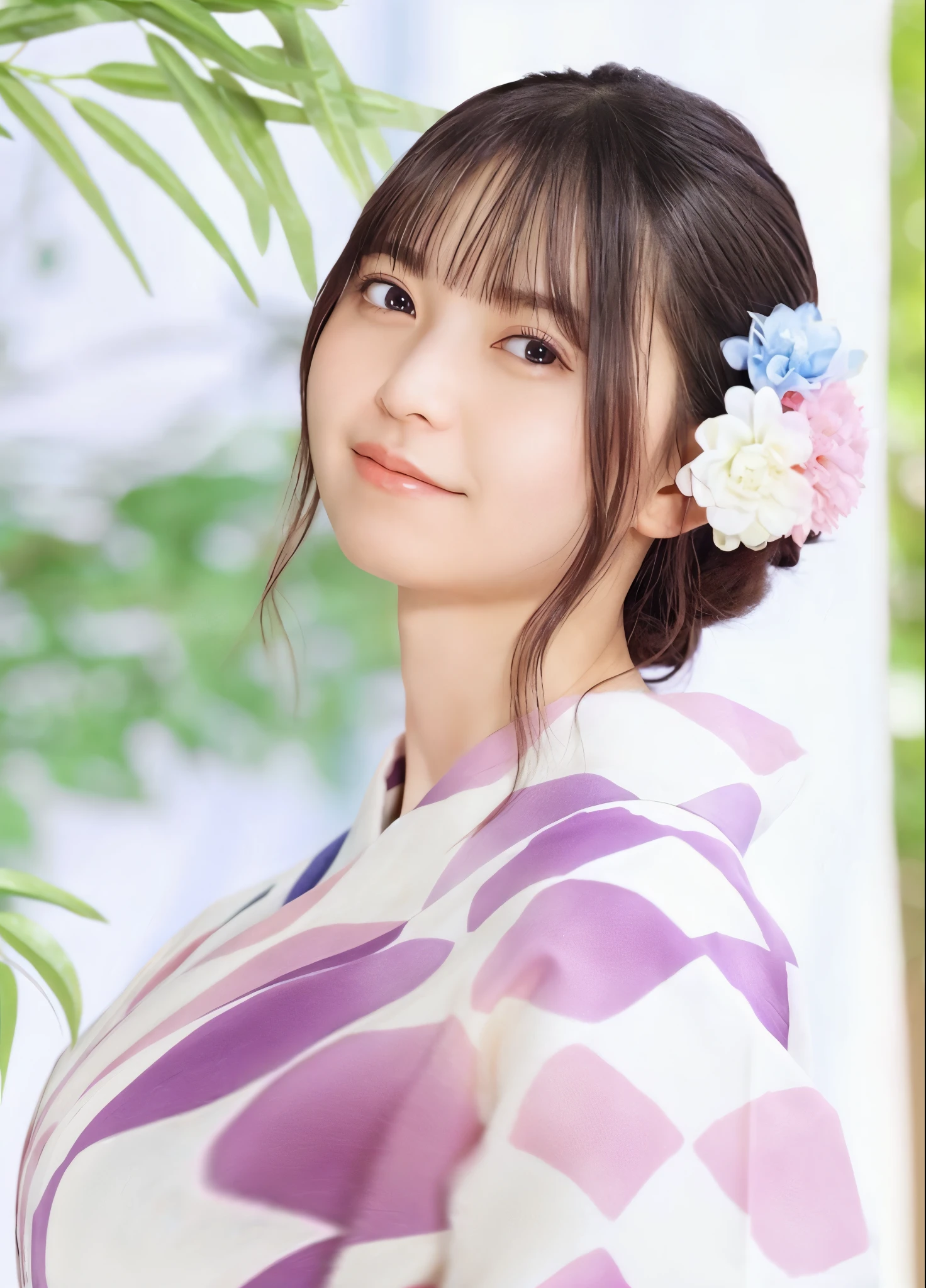 Close-up of a woman wearing a purple and white kimono, in a kimono, Shiori Teshirogi, chiho, harumi, Kimi Takemura, shikamimi, closeup Iwakura Lain, iwakura lain, 奈良美智, in a kimono, Aoi Ogata, sakimichan