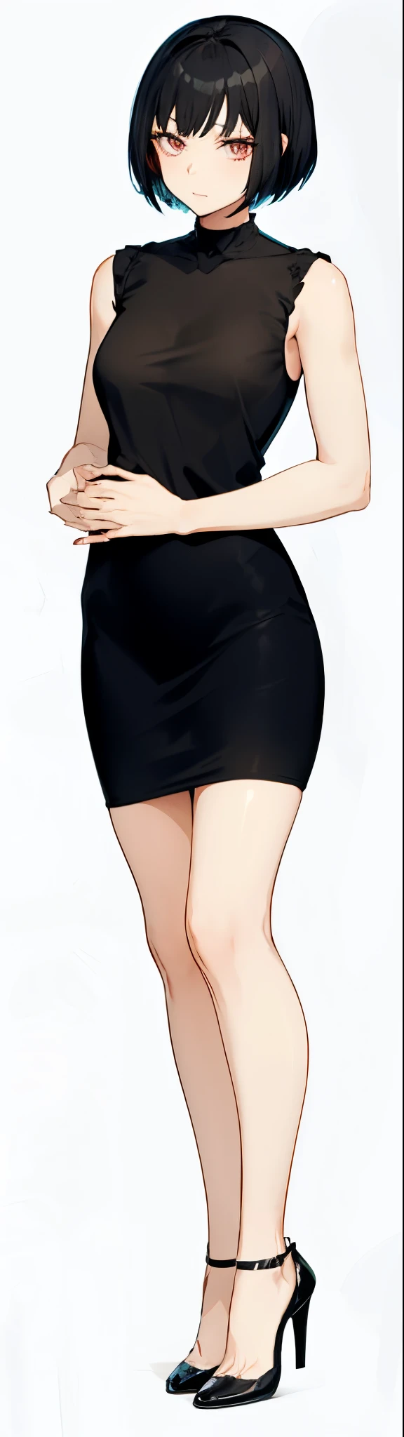 anime woman in a black dress with a black hair, anime girl wearing a black dress,