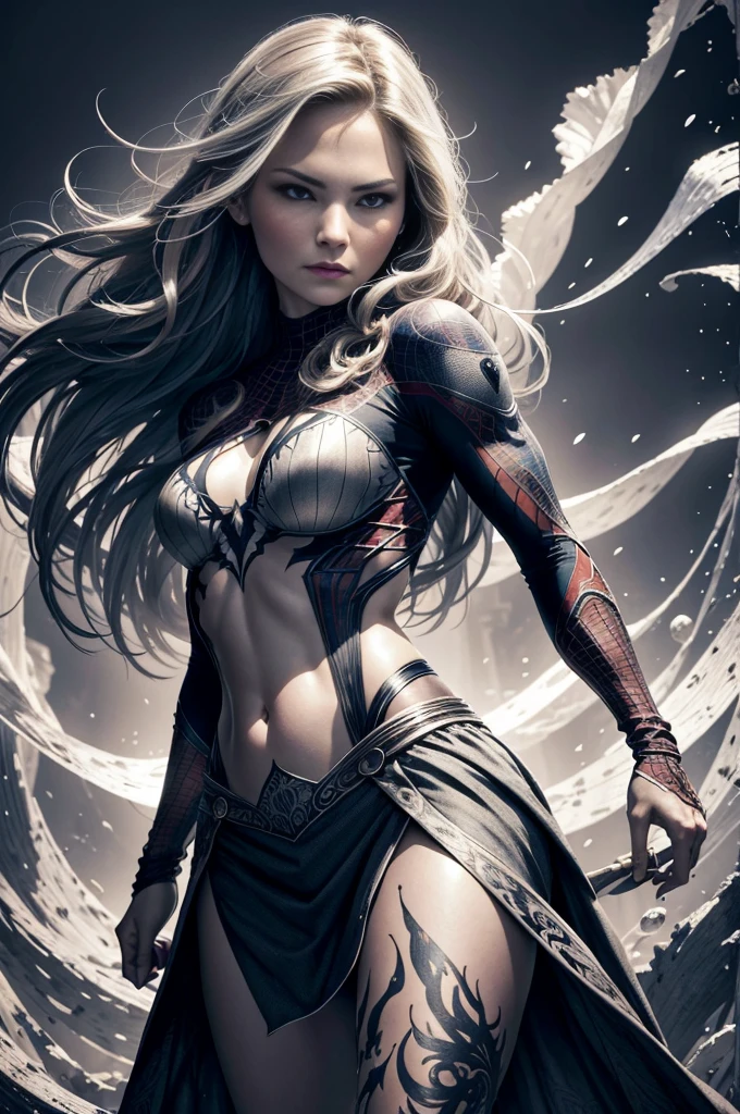 (1girl, solo:1.4), cowboy shot, full body photo, photorealistic, close up, beautiful detailed face and eyes, realistic skin texture, standing, seductive smile, closed mouth, expressionless, looking at viewer, large breasts, thin waist, medium hips, abs, toned, blonde hair, hair behind ear, long hair, short ponytail, bloodshot eyes, dark skin female, medieval knight, silver gloves, silver armor, great sword, dust flying, particles, epic background, dynamic pose, vibrant colors, 4k resolution, depth of field
