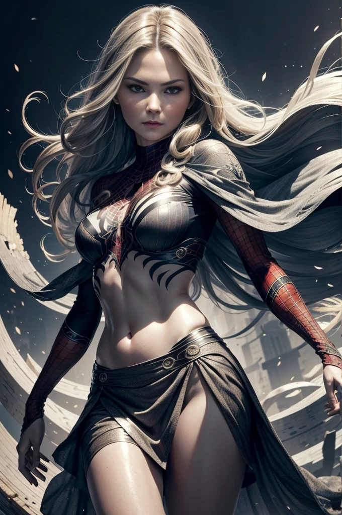 "Jennifer Morrison, showing her belly button, In New York, wearing a torn spiderman suit, Wearing a skirt, abstract photorealistic, artistic, Alphonse Mucha&#39;Masterpieces of painting, Best Quality, High resolution:1.4), Detailed, Intricate details, 4K, color splashes, line-drawing, Fibonacci, hight resolution, Vibrant colors, with fantasy background, Female features&#39;Flowing hair and dramatic light rays.."