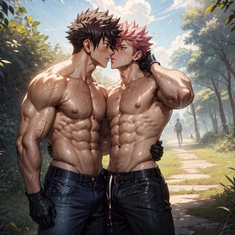 2boys kissing, Natsu Dragneel and Gray Fullbuster, masterpiece, best quality, shirtless slim lean boys young adults in a grassy field with blue sky and clouds. The men are muscular lean slim and well built, with shiny bodies and defined muscles. The men are wearing gloves and pants which have intricate motifs. The men are wearing a single earring, and dripping wet and soggy in sun. Missionary pose, y expression. Non NSFW. Safe for work.