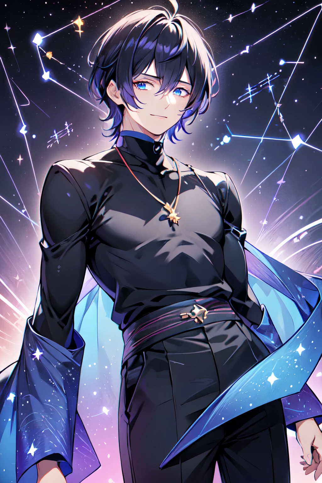 masutepiece、hightquality、Super distinct、ultra-detailliert、((((Male handsome man、 Age 30 years old))))、Eyes purple、Cool with slanted eyes、8 has a strong and fearless body.5 heads, Height 185cm、Cool colored short black hair down to the neck、(((bangs 7arts)))、Smooth nose、face muscles、Throat、Relaxed smile、(((Clothes are constellation fashion)))、(((background constellation horoscope circle)))