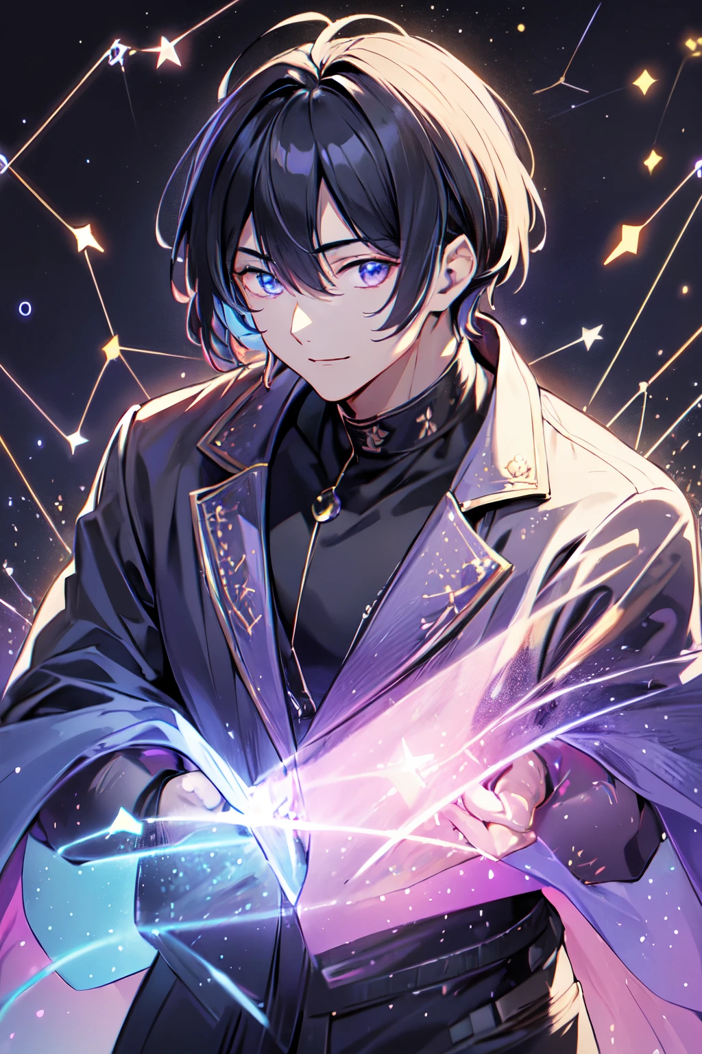 masutepiece、hightquality、Super distinct、ultra-detailliert、((((Male handsome man、 Age 30 years old))))、Eyes purple、Cool with slanted eyes、8 has a strong and fearless body.5 heads, Height 185cm、Cool colored short black hair down to the neck、(((bangs 7arts)))、Smooth nose、face muscles、Throat、Relaxed smile、(((Clothes are constellation fashion)))、(((background constellation horoscope circle)))