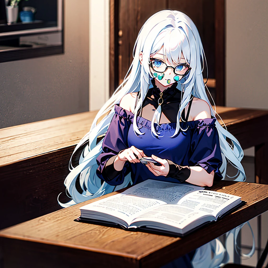 , Long white hair, blue eyes, Black, stylish glasses, blue dress, fluffy dress, short sleeves, open shoulders, book, sitting at the table, tea, Masterpiece, hiquality, 4k, HD, Good detail