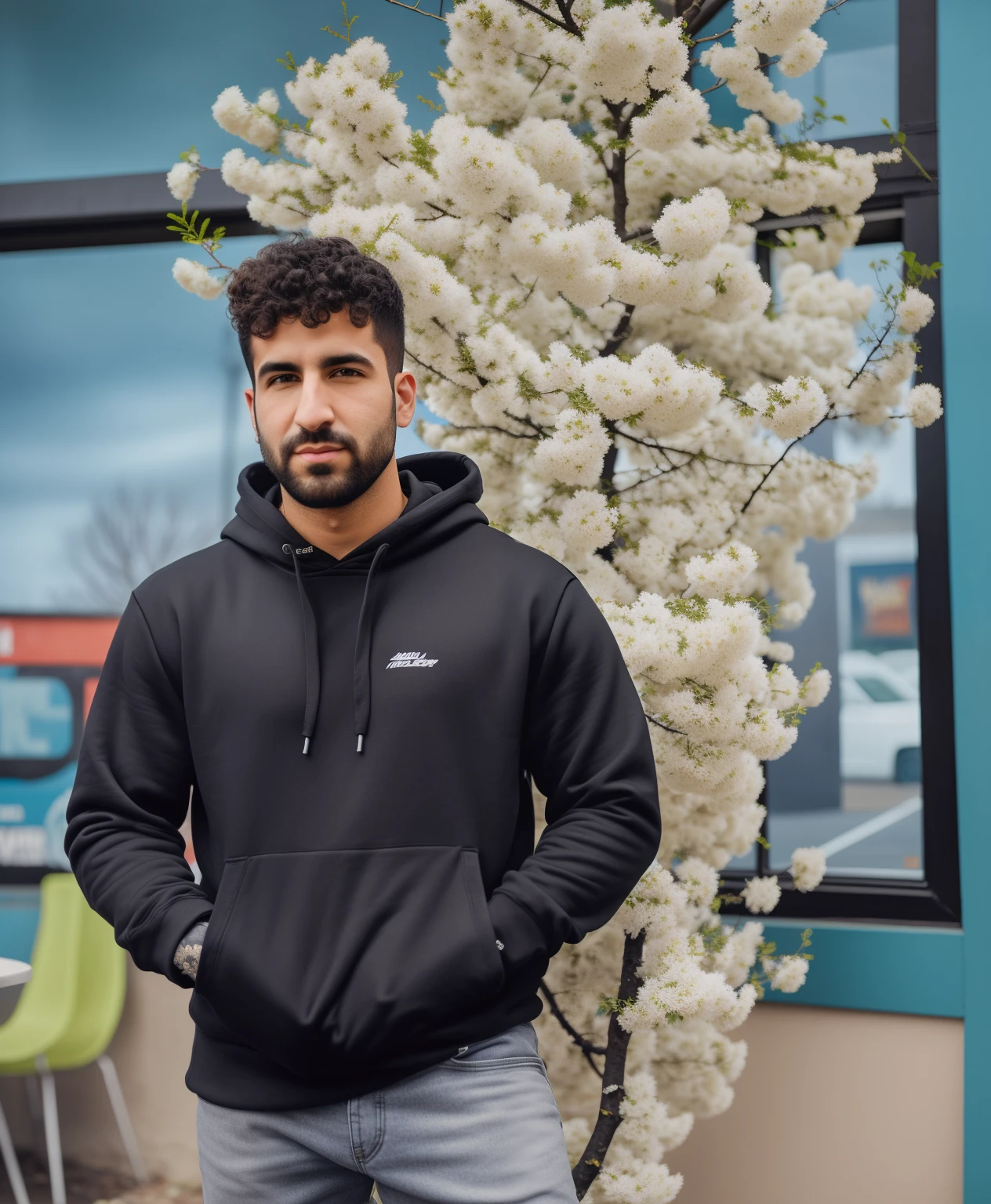arafed man standing in front of a tree with white flowers, wearing a hoodie and flowers, wearing a black hoodie, wearing jeans and a black hoodie, hasan piker, in a black hoodie, portrait shot 8 k, inspired by Adam Dario Keel, style of anton fadeev, in the style jordan grimmer, wearing a hoody, black hoodie