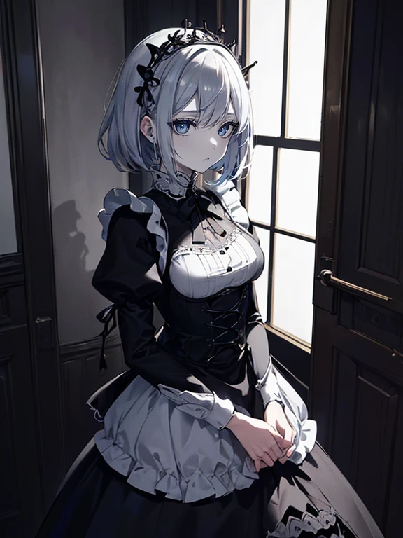 (masutepiece,Best Quality,Ultra-detailed),1girl in,beautiful and detailed face, Detailed eyes,Looking at Viewer,((grey theme),((Depression, saddened, a gloomy)),tired expression,diadems,Gothic Maid uniform,(Foreground),In the old mansion,hallway,Dark