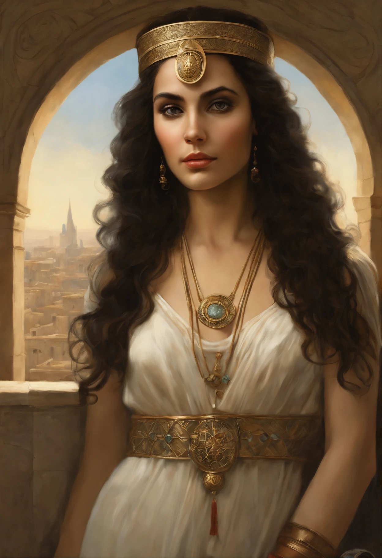 真实感, dark fantasy style, John Tolkien style, Small painting by Jean-Baptiste Monge, Soft facial features, Angribert's eyebrows, potato nose, Girl with dark hair in the image of Cleopatra., girl dressed, in half-naked Cleopatra style, looking at away, Long wavy dark hair, hair blowing in wind, dressed in Cleopatra style, Predatory gaze, predatory nature, I'm standing next to a convertible, the morning sun is shining, The city, megalopolis, city trail, big house, glass skyscraper Jean-Baptiste Monge, anthropomorphic --ar 2:3 --testp -optimistic;