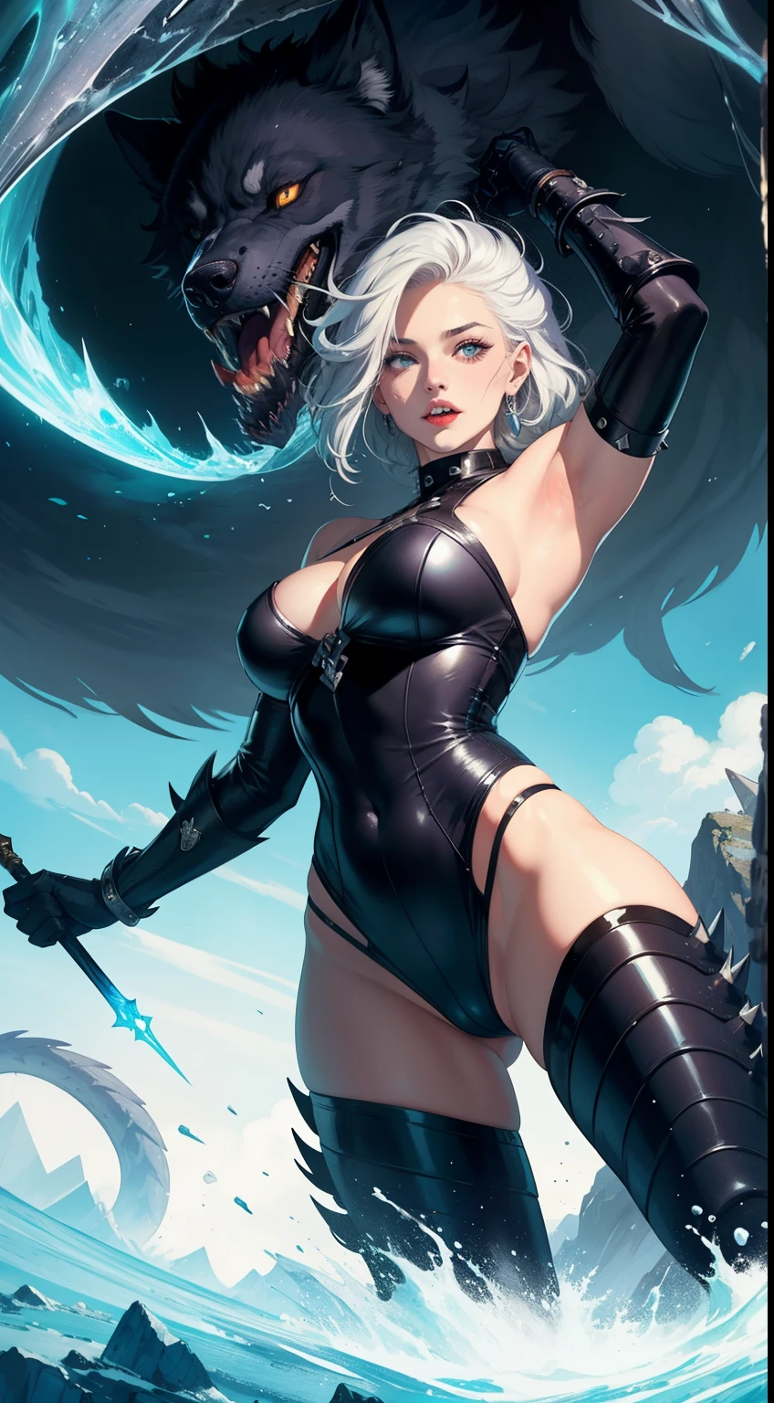 ((Best quality at best)), ((tmasterpiece)), (Detailed pubic hair), s the perfect face,Towering giantess with rippled muscles and broad shoulders
Skin frosted pale blue, eyes burning icy azure
Wild mane of white hair whipping around her stern face
Clad in dark fur pelts and armor with etched runes
Gauntlets studded with icy spikes, grip firm on spear
Standing dominantly with powerful aura of ancient magic
Surrounded by ravens, wolves, and writhing serpents
Feet planted on cracked glacial terrain, jagged peaks looming behind
Casting spells with arms raised, eldritch energy swirling
Conjuring visions of destruction across the realms
Lips curled in a knowing, ruthless grin baring fangs
Flanked by a massive wolf, serpent, and female figure shrouded in shadow