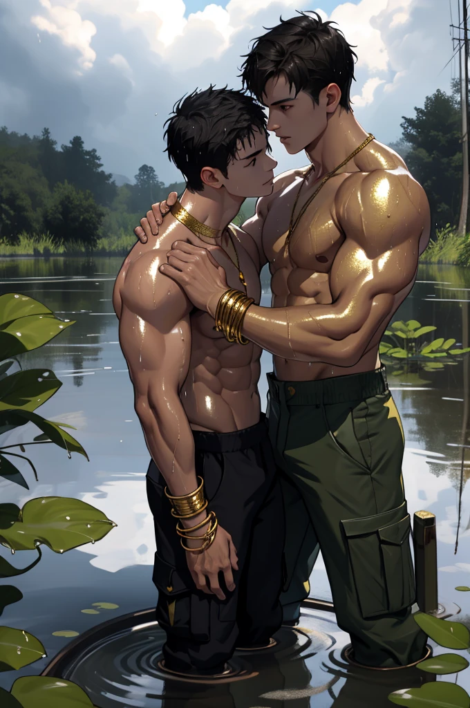 Two muscular fit shirtless boys standing in deep pond water kissing wearing gold jewellery and gold armbands. Wet hair and dripping bodies. Wearing cargo pants. Shirtless. Cloudy background. Handsome faces, black short hair. Homoerotic scene. Mud on body.
