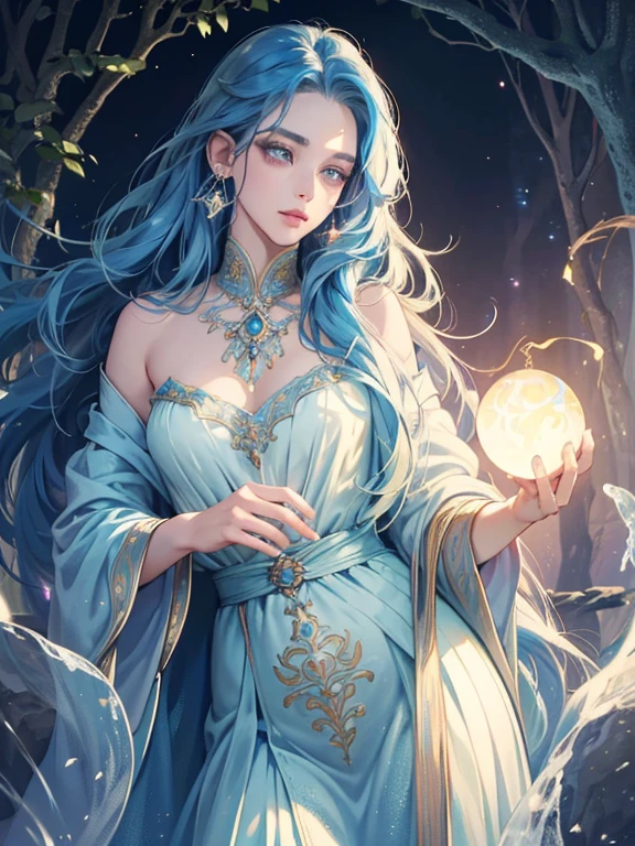 (best quality,4k,8k,highres,masterpiece:1.2),ultra-detailed,(realistic,photorealistic,photo-realistic:1.37),portraits,surreal,blue haired wizard woman,nude,beautiful detailed eyes,beautiful detailed lips,extremely detailed eyes and face,long eyelashes,curly blue hair,sparkling blue eyes,mesmerizing gaze,magical tattoos on her body,long flowing cloak,flowing robes,holding a staff,with intricate carvings and magical gems,standing in a mystical forest,surrounded by floating orbs of light,illuminating her surroundings,casting a powerful spell,creating colorful bursts of magic,with a serene expression on her face,exuding confidence and wisdom,vivid colors,pastel color palette,ethereal lighting,soft and dreamy ambiance