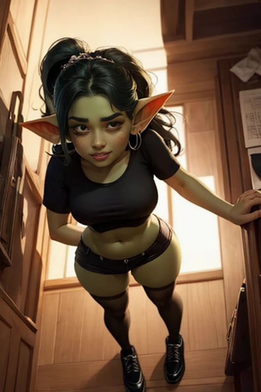 (masterpiece), (extremely intricate:1.3), female goblin, small, short, long pointy ears, sharp teeth, large plump lips, green, long black hair, very long ponytail, She wears a tight black shirt, thigh high socks, shorts, wide hips, silver earring, indoors, 1girl, solo, smiling, ((from above:1.4)), ((long eye lashes)) ((face focus:1.4)), girl face focus, pov hands, torso grab