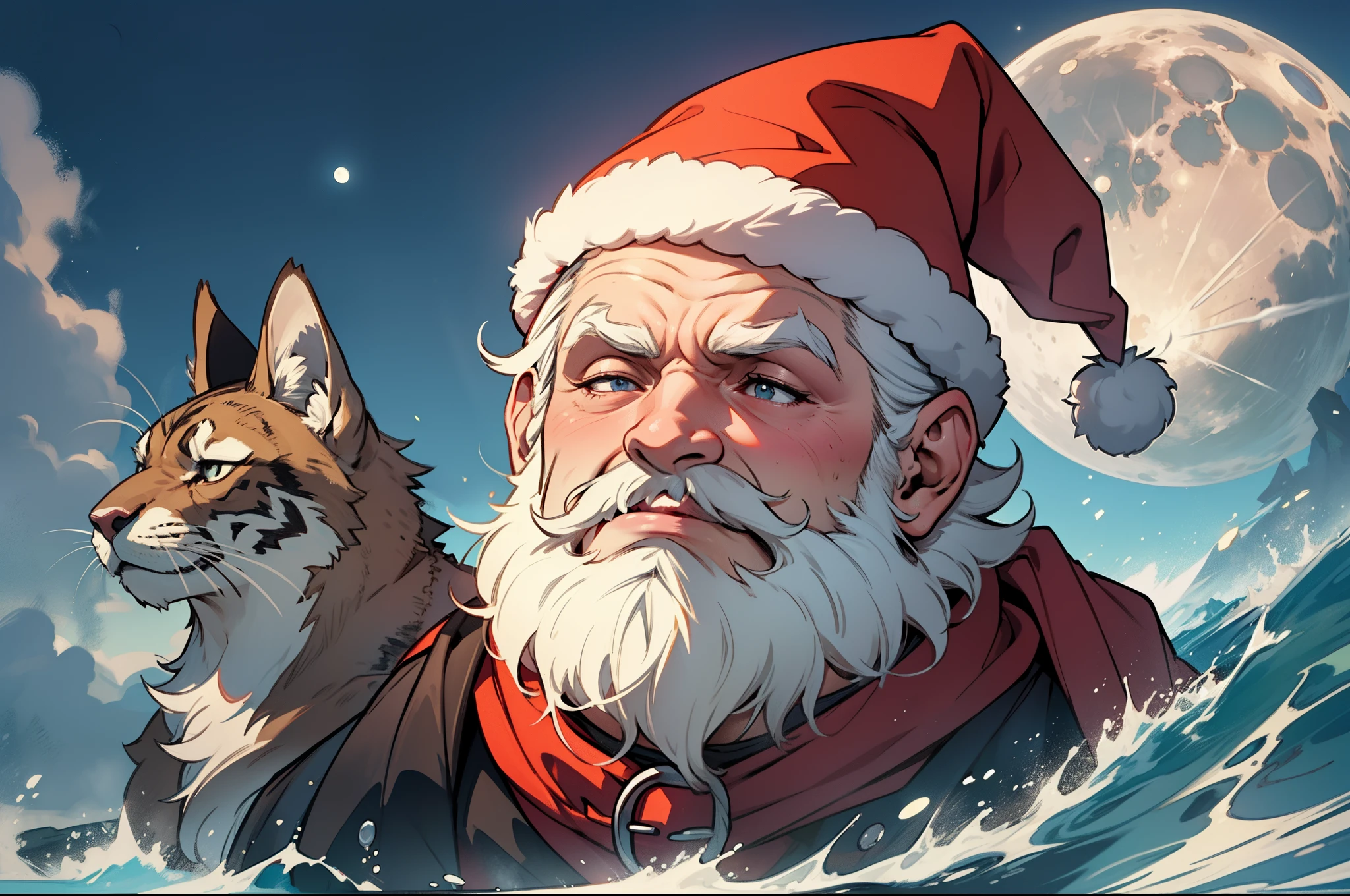 Q version of Santa Claus,Cute and cute,Hunchbacked and chubby,Carry a large pocket,the roof,chimneys,Huge moon background,depth of fields,a work of art,ultra - detailed,4K分辨率,high high quality,电影灯光,High picture detail,Detailed pubic hair,epic graphics