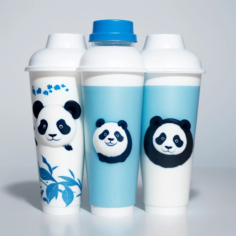 Design a milk tea cup packaging with blue and white colors and panda elements