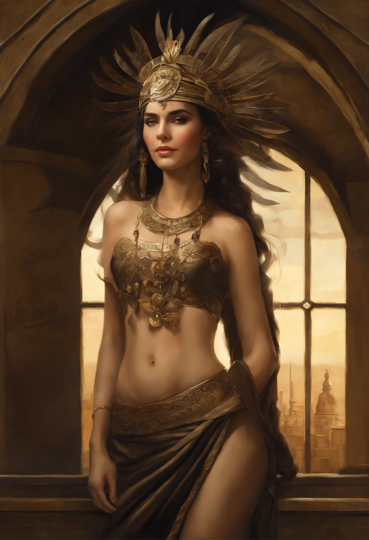 真实感, dark fantasy style, John Tolkien style, Small painting by Jean-Baptiste Monge, Soft facial features, Angribert'eyebrows, potato nose, Girl with dark hair in the image of Cleopatra.., Topic and skirt, midriff exposed, girl dressed, in the style of half-naked Cleopatra, looking at away, Long wavy dark hair, hair blowing in wind, dressed in Cleopatra style, Predatory gaze, predatory nature, I'I'm standing next to a convertible, the morning sun is shining, The city, megalopolis, city trail, big house, glass skyscraper Jean-Baptiste Monge, anthropomorphic --ar 2:3 --testp -optimistic;