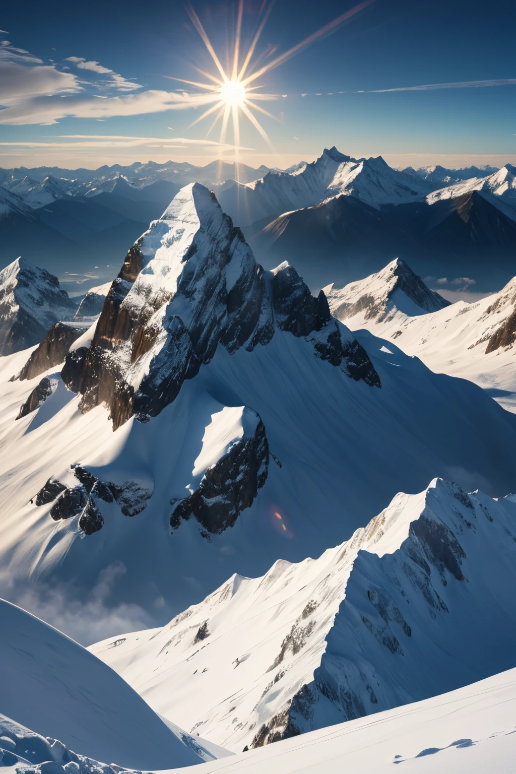 Big snowy mountain, in the center above the peak of the mountain (Bright sun), division of the landscape equal to light and dark,fantasy,8K