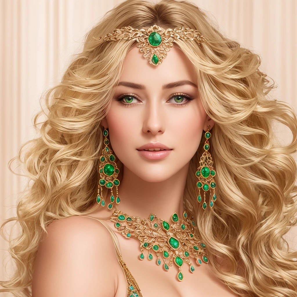 a close up of a woman with a necklace and earrings, karol bak uhd, beautiful elven princess, blonde - haired princess, beautiful and elegant elf queen, emerald tiara and necklace, beautiful fantasy maiden, very beautiful elven top model, gorgeous beautiful woman, gorgeous woman, a beautiful fantasy empress, ornate long flowing blonde hair, blonde elvish empress