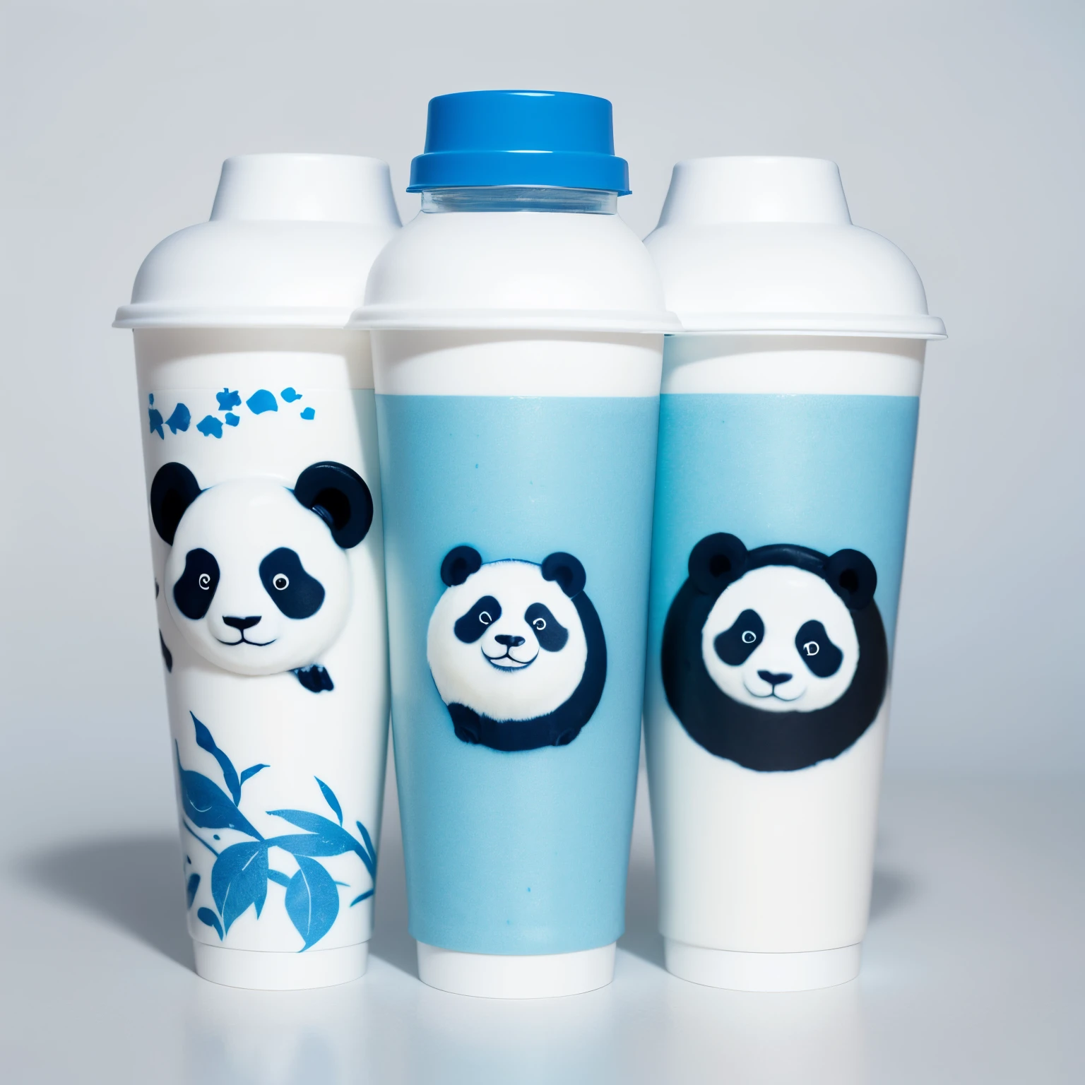 Design a milk tea cup packaging with blue and white colors and panda elements