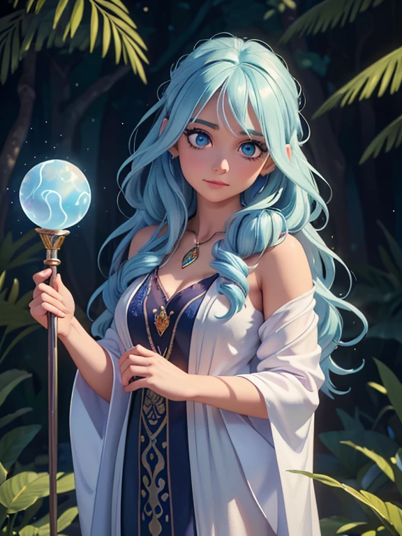 (best quality,4k,8k,highres,masterpiece:1.2),ultra-detailed,(realistic,photorealistic,photo-realistic:1.37),portraits,surreal,blue haired wizard woman,nude,beautiful detailed eyes,beautiful detailed lips,extremely detailed eyes and face,long eyelashes,curly blue hair,sparkling blue eyes,mesmerizing gaze,magical tattoos on her body,long flowing cloak,flowing robes,holding a staff,with intricate carvings and magical gems,standing in a mystical forest,surrounded by floating orbs of light,illuminating her surroundings,casting a powerful spell,creating colorful bursts of magic,with a serene expression on her face,exuding confidence and wisdom,vivid colors,pastel color palette,ethereal lighting,soft and dreamy ambiance