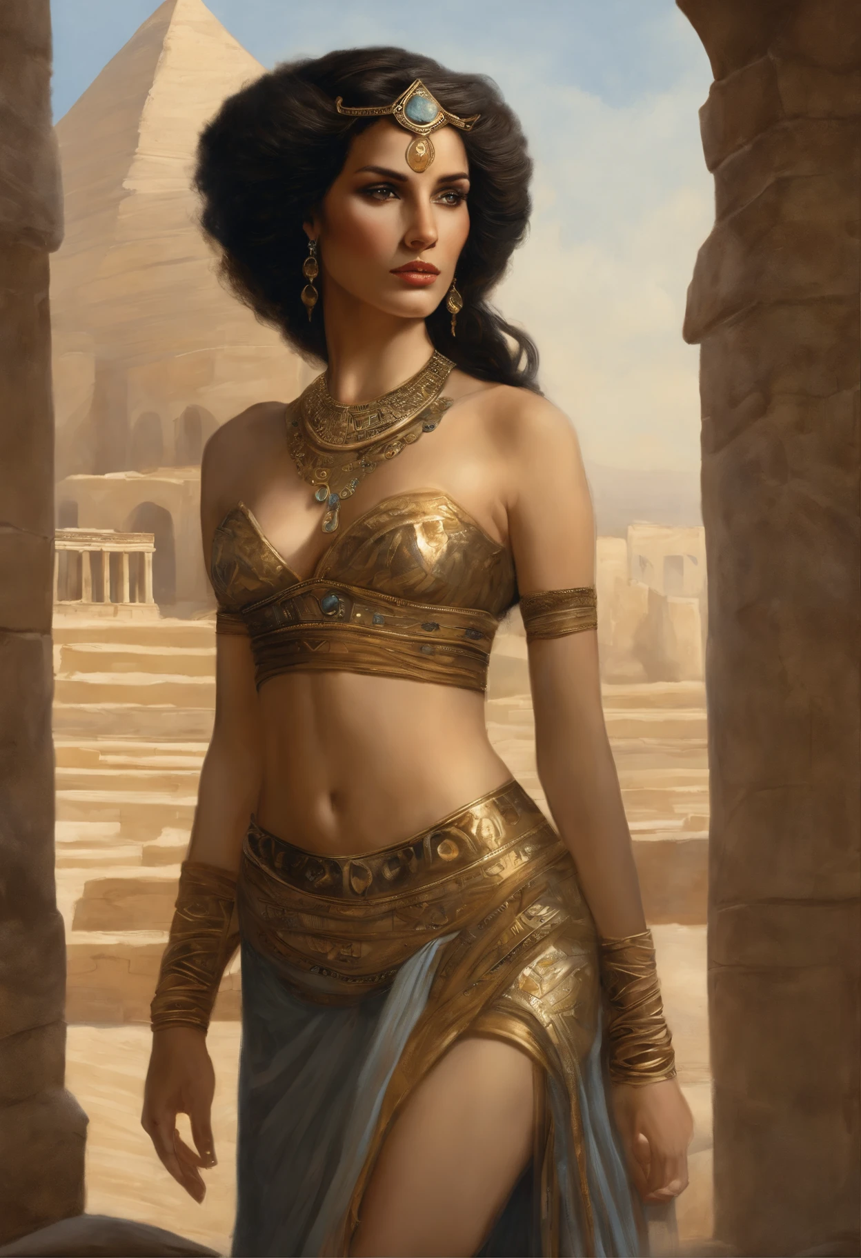 真实感, dark fantasy style, John Tolkien style, Small painting by Jean-Baptiste Monge, Soft facial features, Angribert'eyebrows, potato nose, Girl with dark hair in the image of Cleopatra..., Sexy image, image of modern Cleopatra, Topic and skirt, midriff exposed, girl dressed, in the style of half-naked Cleopatra, looking at away, Long wavy dark hair, hair blowing in wind, dressed in Cleopatra style, Predatory gaze, predatory nature, I'I'I'm standing next to a convertible, the morning sun is shining, The city, megalopolis, city trail, big house, glass skyscraper Jean-Baptiste Monge, anthropomorphic --ar 2:3 --testp -optimistic;