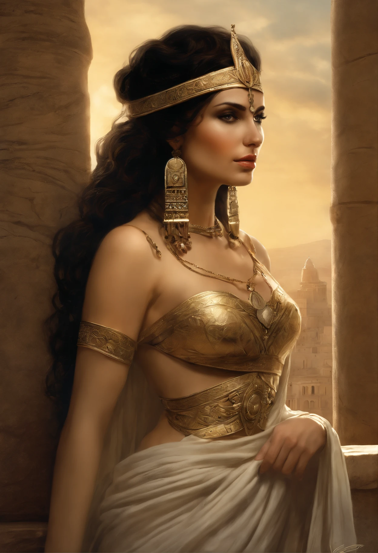 真实感, dark fantasy style, John Tolkien style, Small painting by Jean-Baptiste Monge, Soft facial features, Angribert'eyebrows, potato nose, Girl with dark hair in the image of Cleopatra..., Sexy image, image of modern Cleopatra, Topic and skirt, midriff exposed, girl dressed, in the style of half-naked Cleopatra, looking at away, Long wavy dark hair, hair blowing in wind, dressed in Cleopatra style, Predatory gaze, predatory nature, I'I'I'm standing next to a convertible, the morning sun is shining, The city, megalopolis, city trail, big house, glass skyscraper Jean-Baptiste Monge, anthropomorphic --ar 2:3 --testp -optimistic;