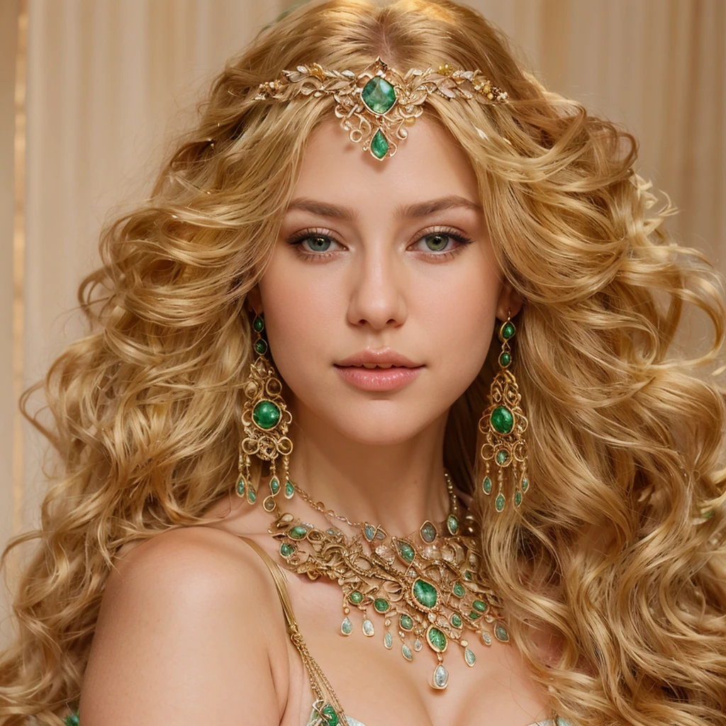 a close up of a woman with a necklace and earrings, karol bak uhd, beautiful elven princess, blonde - haired princess, beautiful and elegant elf queen, emerald tiara and necklace, beautiful fantasy maiden, very beautiful elven top model, gorgeous beautiful woman, gorgeous woman, a beautiful fantasy empress, ornate long flowing blonde hair, blonde elvish empress