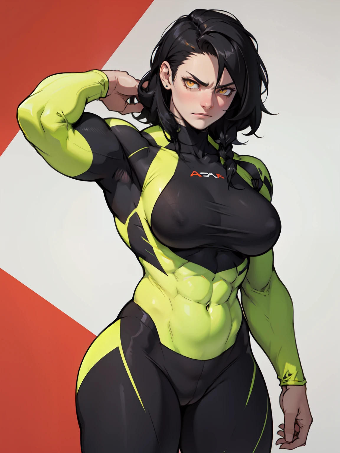 girl muscles large breasts pale skin black hair yellow eyes skintight sad