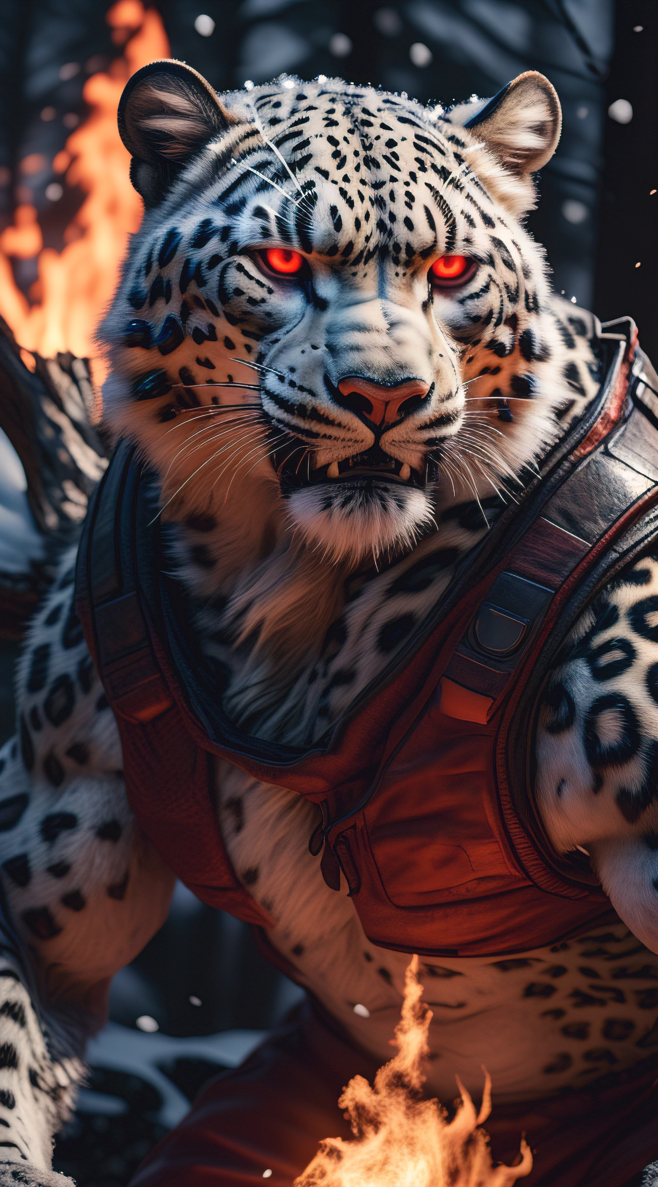 (best quality,16k,32k,highres,masterpiece:1.2),ultra-detailed,(realistic,photorealistic,photo-realistic:1.37),(The ultimate Orochi snow Leopard) glowing green eyes realistic fire background of totally destroyed Forest alone looking at the camera serious expression. Full body