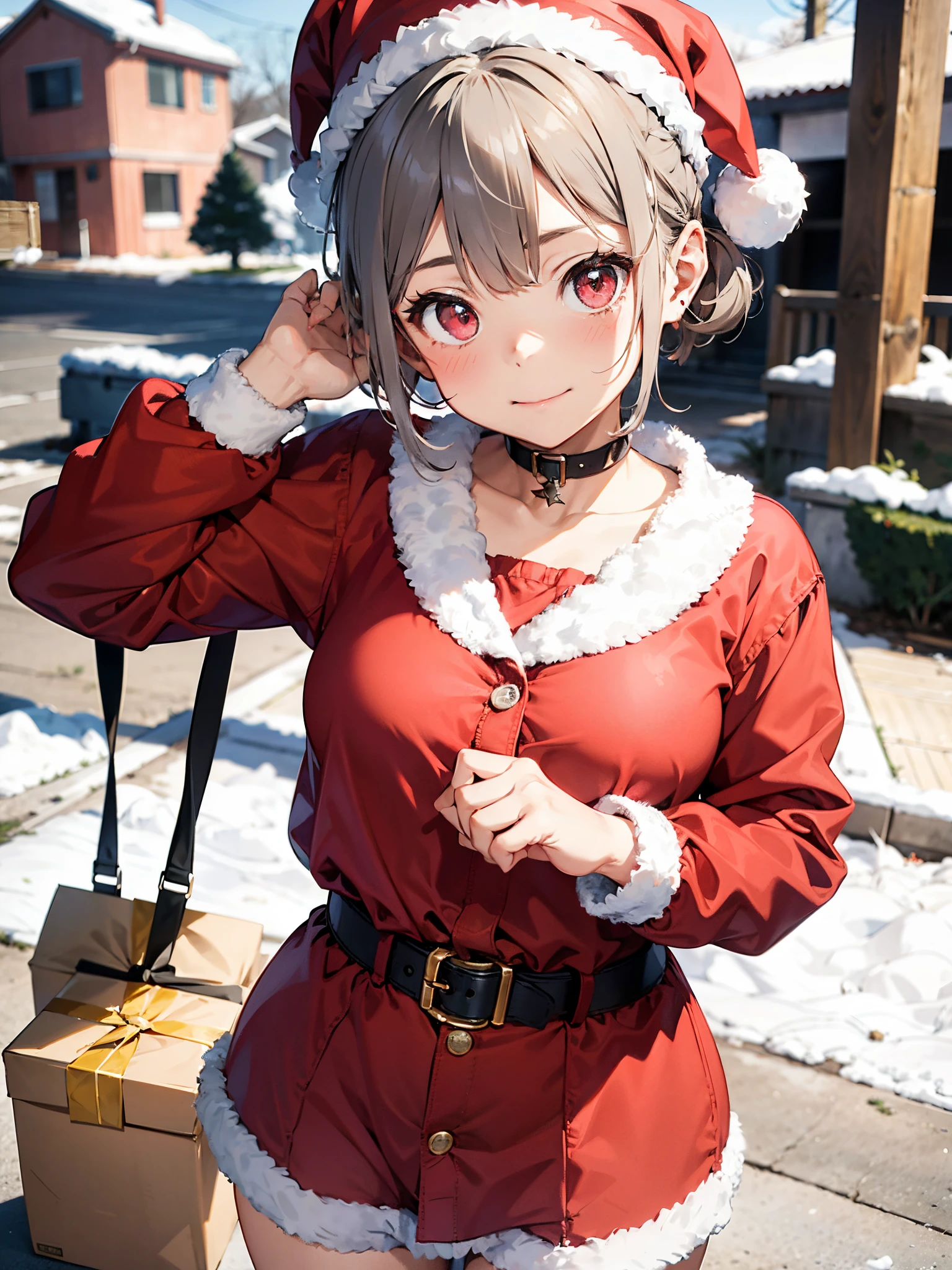 17 year old girl, Santa Claus Costume、Short hair with silver bob styled in a bun with hair clip, Pink eyes、A slight smil、Laugh、small tits、Cute reindeer,Wearing a red Santa hat,horse hoof on the snow,Please bring a gift bag,bring joy and gifts to children。