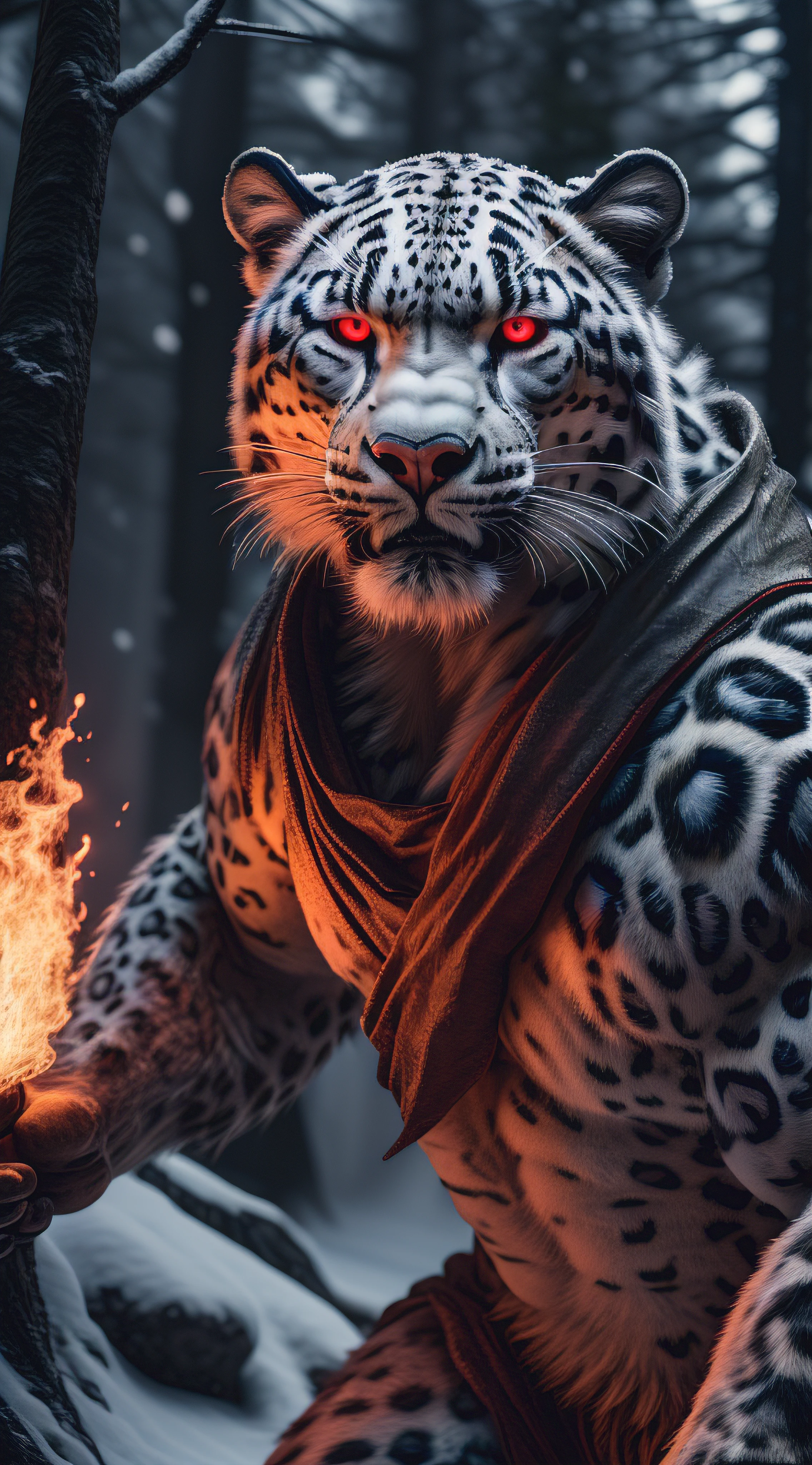 (best quality,16k,32k,Altas,master part:1.2),ultra-detalhado,(Realistic,fotorrealista,photo-realistic:1.37),(O melhor leopardo da neve Orochi) glowing red eyes realistic fire background of totally destroyed forest alone looking at camera serious expression.