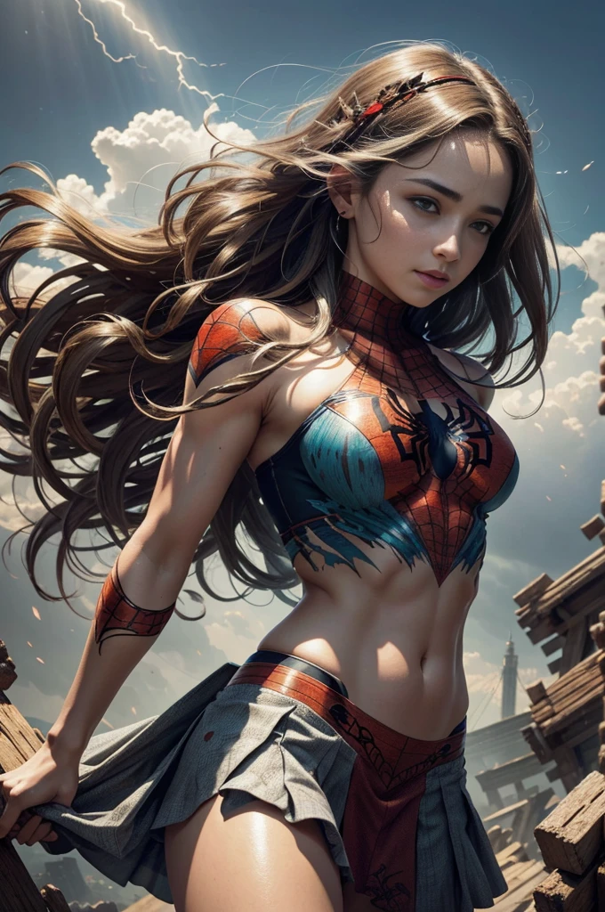 "Melissa Benoist, showing her belly button, In New York, wearing a torn spiderman suit, Wearing a skirt, abstract photorealistic, artistic, Alphonse Mucha'Masterpieces of painting, Best Quality, High resolution:1.4), Detailed, Intricate details, 4K, color splashes, line-drawing, Fibonacci, hight resolution, Vibrant colors, with fantasy background, Female features'Flowing hair and dramatic light rays.."
