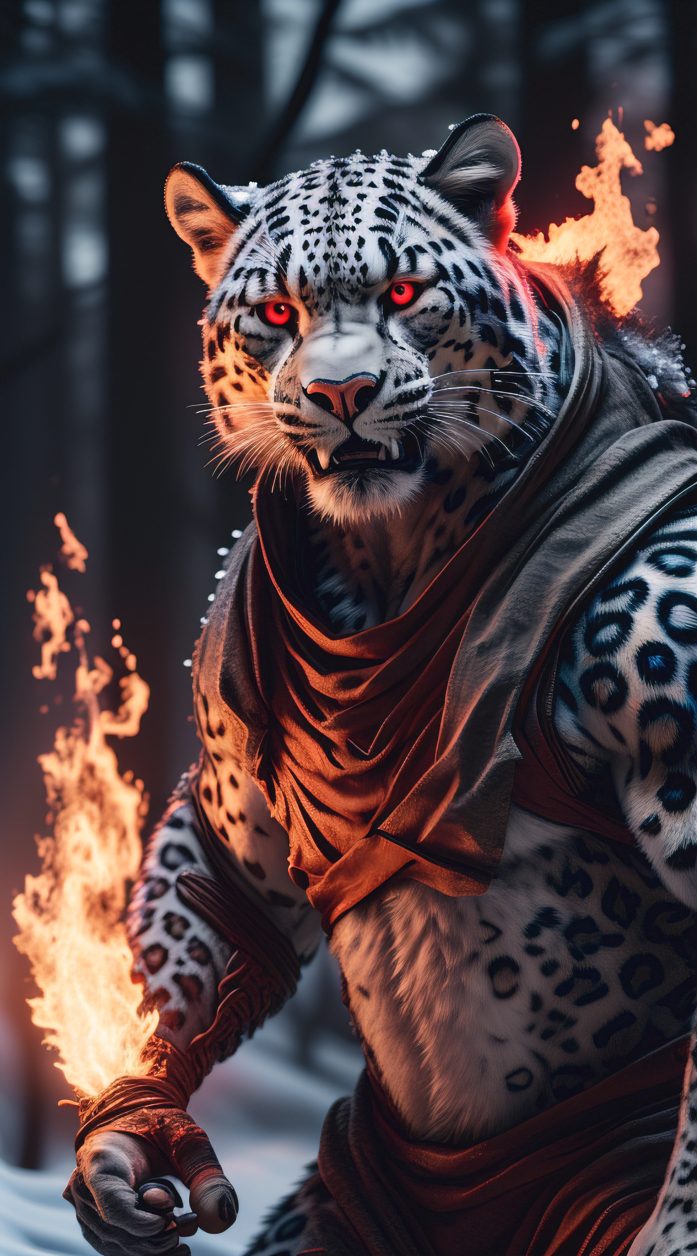 (best quality,16k,32k,Altas,master part:1.2),ultra-detalhado,(Realistic,fotorrealista,photo-realistic:1.37),(O melhor leopardo da neve Orochi) glowing red eyes realistic fire background of totally destroyed forest alone looking at camera serious expression.