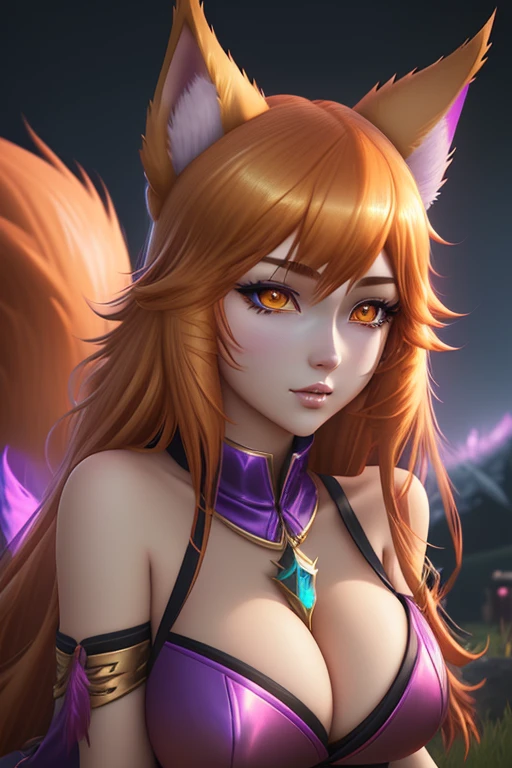 ahri of league of legends fortnite style best quality,highres,masterpiece:1.2,ultra-detailed,realistic,portrait,anime,ahri,fortnite style,colorful,hair,orangebrown hair,fluffy tail,ears,huge eyes,golden yellow eyes,sharp claws,fantastic background,night sky,magic effects,dynamic pose,action,lively