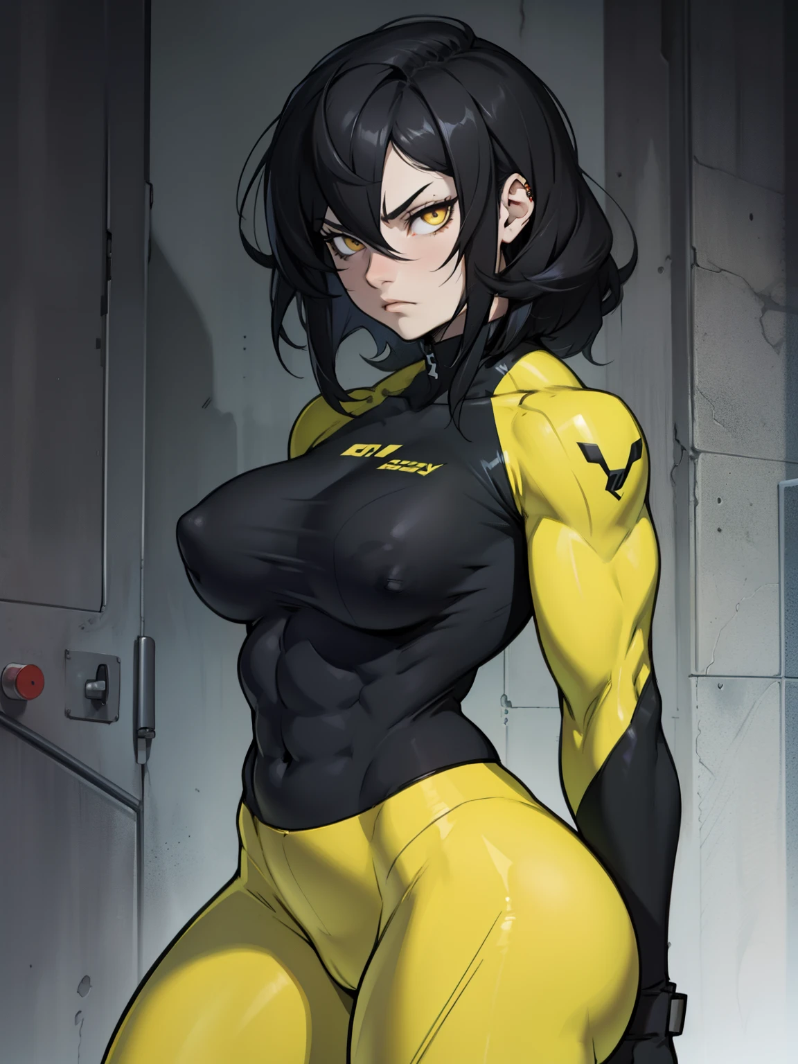 girl muscles large breasts pale skin black hair yellow eyes skintight sad