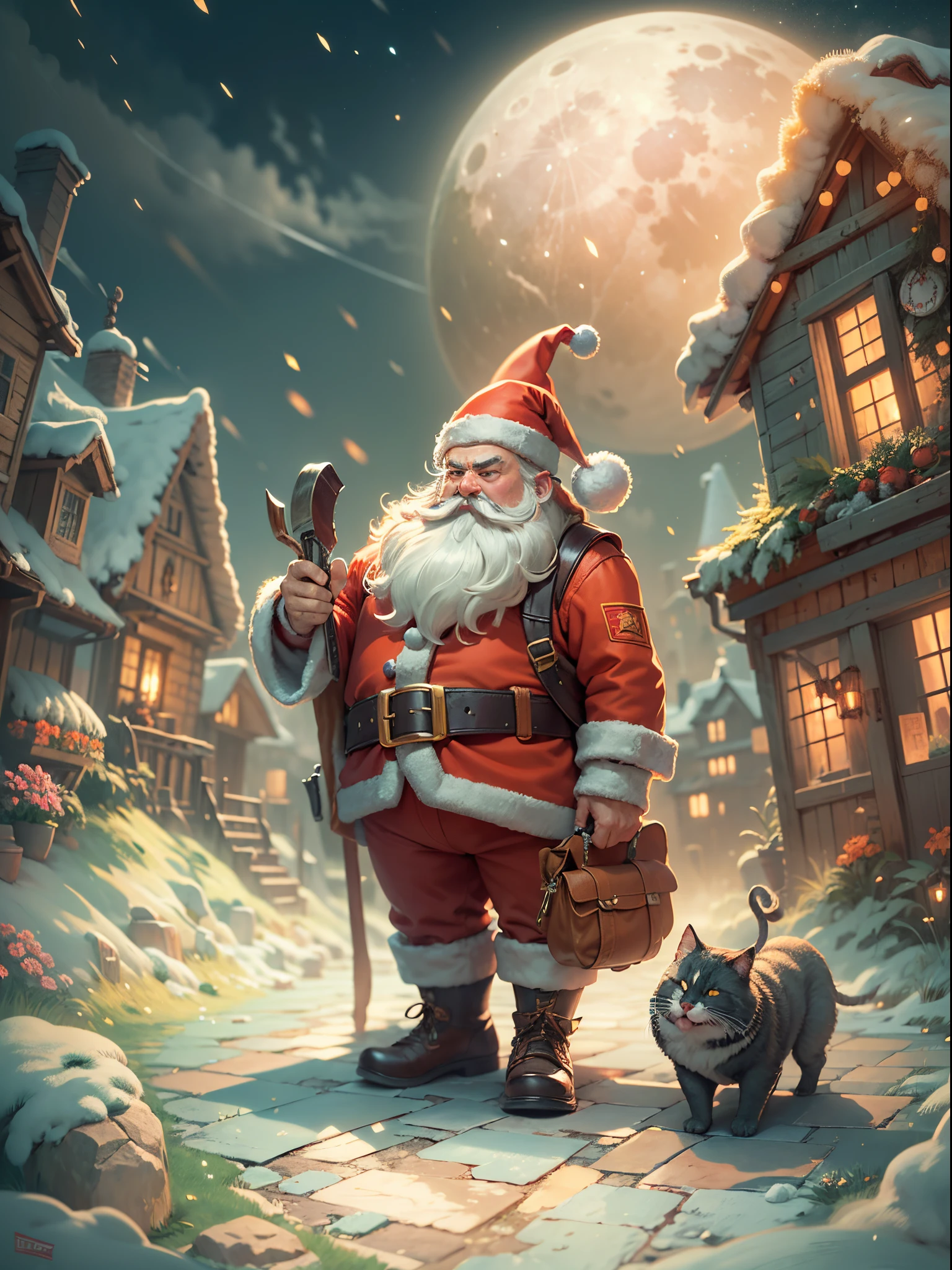 Q version of Santa Claus,Cute and cute,hunchback、chubbiness,Carry a large pocket,the roof,chimneys,Huge moon background,depth of fields,An artwork of,ultra - detailed,4K分辨率,high high quality,电影灯光,High picture detail,Detailed pubic hair,epic graphics