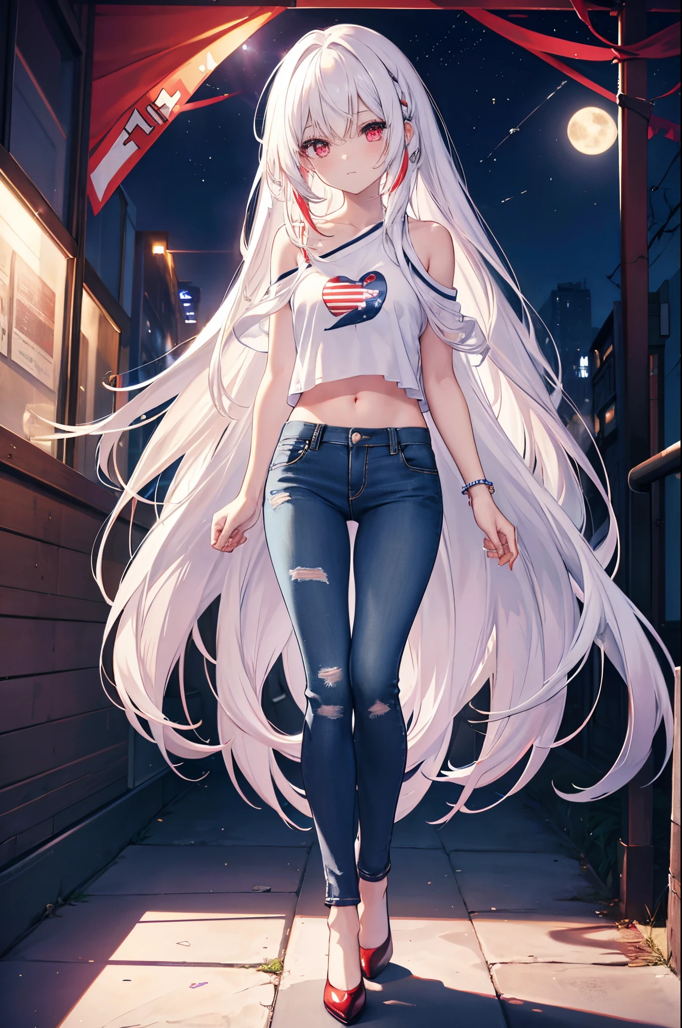 ((best quality)), ((masterpiece)), (detailed), perfect face, Solo, 1 girl, detailed eyes, shiny skin, shiny hair, red eyes, white hair, multicolored hair, parted bangs, bare shoulders, high heels, red steaked hair, ((tall)), ((very long hair)), flowing hair, full body, shiny hair, shiny skin, midriff, small breasts, American flag, night, moon, moonlight, white t-shirt with the american flag on it, short jeans,