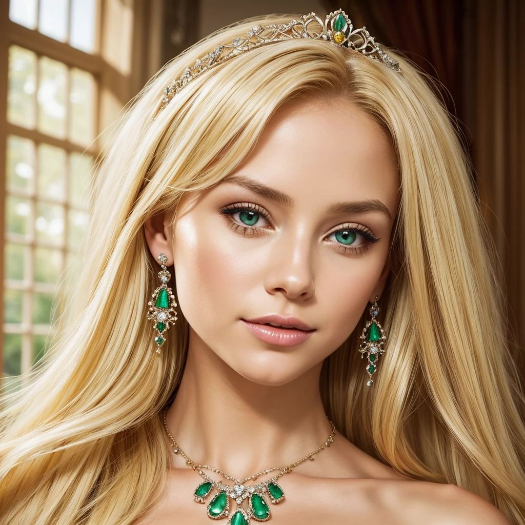 a close up of a woman with a necklace and earrings, beautiful princess, blonde haired princess, beautiful and elegant, tiara and emerald necklace, beautiful fantasy maiden, very beautiful top model, beautiful beautiful woman, a beautiful empress of fantasy, long ornate blonde hair, blonde empress
