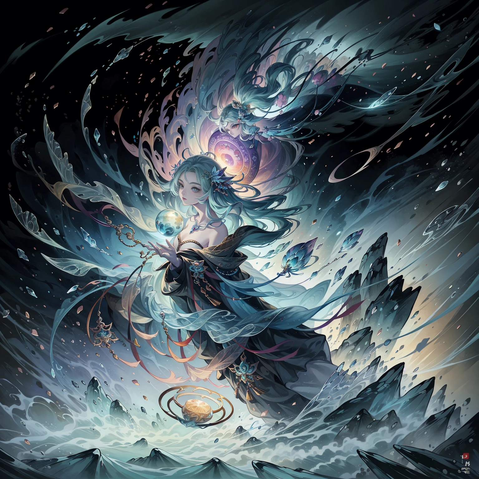 Fantastic Magical World、pop art、Colorful Cloud、Water spirits and lots of water bubbles、Cloud Dragon、The little girl、
