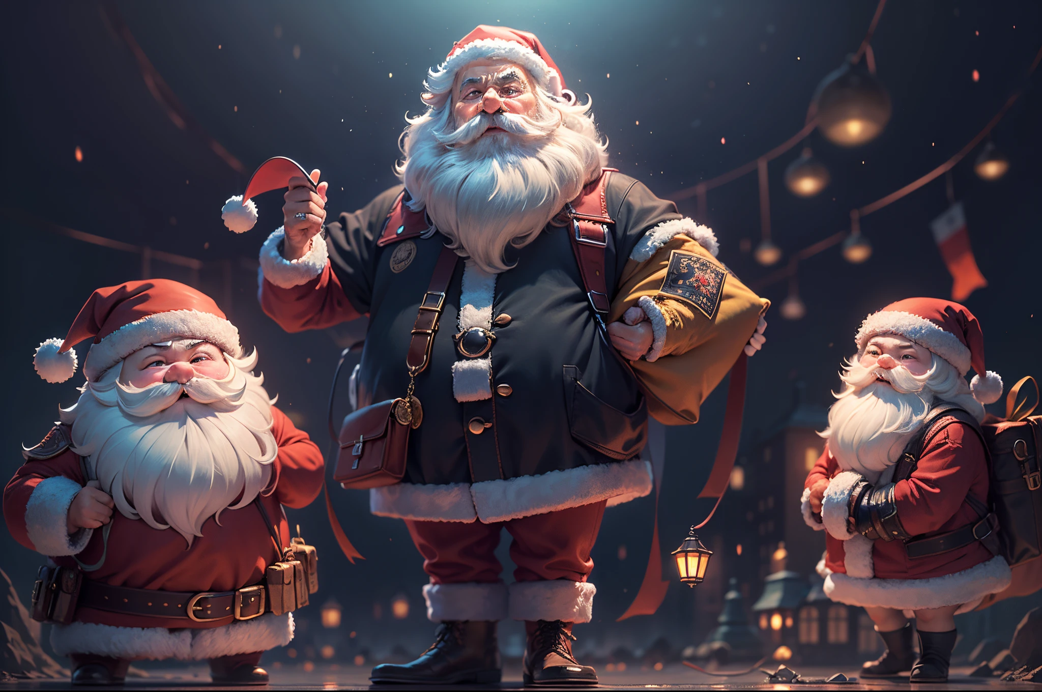 Q version of Santa Claus,Cute and cute,hunchback、chubbiness,Carry a large pocket,the roof,chimneys,Huge moon background,depth of fields,An artwork of,ultra - detailed,4K分辨率,high high quality,电影灯光,High picture detail,Detailed pubic hair,epic graphics