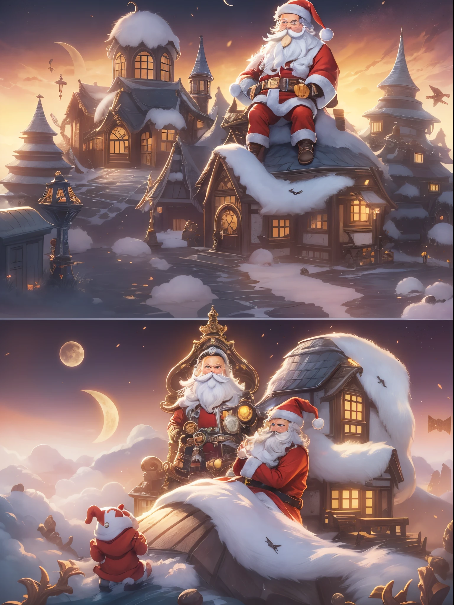 Q version of Santa Claus,Cute and cute,hunchback、chubbiness,Carry a large pocket,the roof,chimneys,Huge moon background,depth of fields,An artwork of,ultra - detailed,4K分辨率,high high quality,电影灯光,High picture detail,Detailed pubic hair,epic graphics