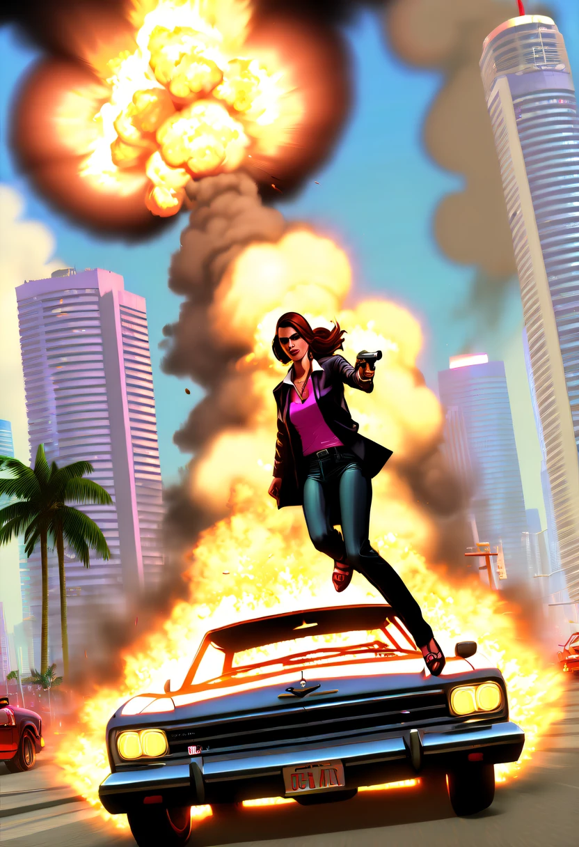 (Best quality,4K,8K,A high resolution,tmasterpiece:1.2), ultra - detailed, (actual,realistically,realisticlying:1.37), (GTA STYLE:1.5) ,(A girl escapes an explosion in a car:1.8),Burning car,There are gunshots everywhere,City lights are bright at night,Reflection of neon lights on car windshield,traffic chaos, hasty, intense chase scene, Cinematic action, Night streets, high speed pursuit, on the verge of danger, the last Stand, epic showdown, dramatic climax, exciting ending, stunning visuals, Immersive atmosphere, Detailed car model, Realistic game engine, tough environment, Dynamic camera angle, Dynamic lighting effects, Realistic gunshots, dramatic music, intense emotions.(GTA Vice City,GTA 5 cover art, GTA STYLE: 1.5),