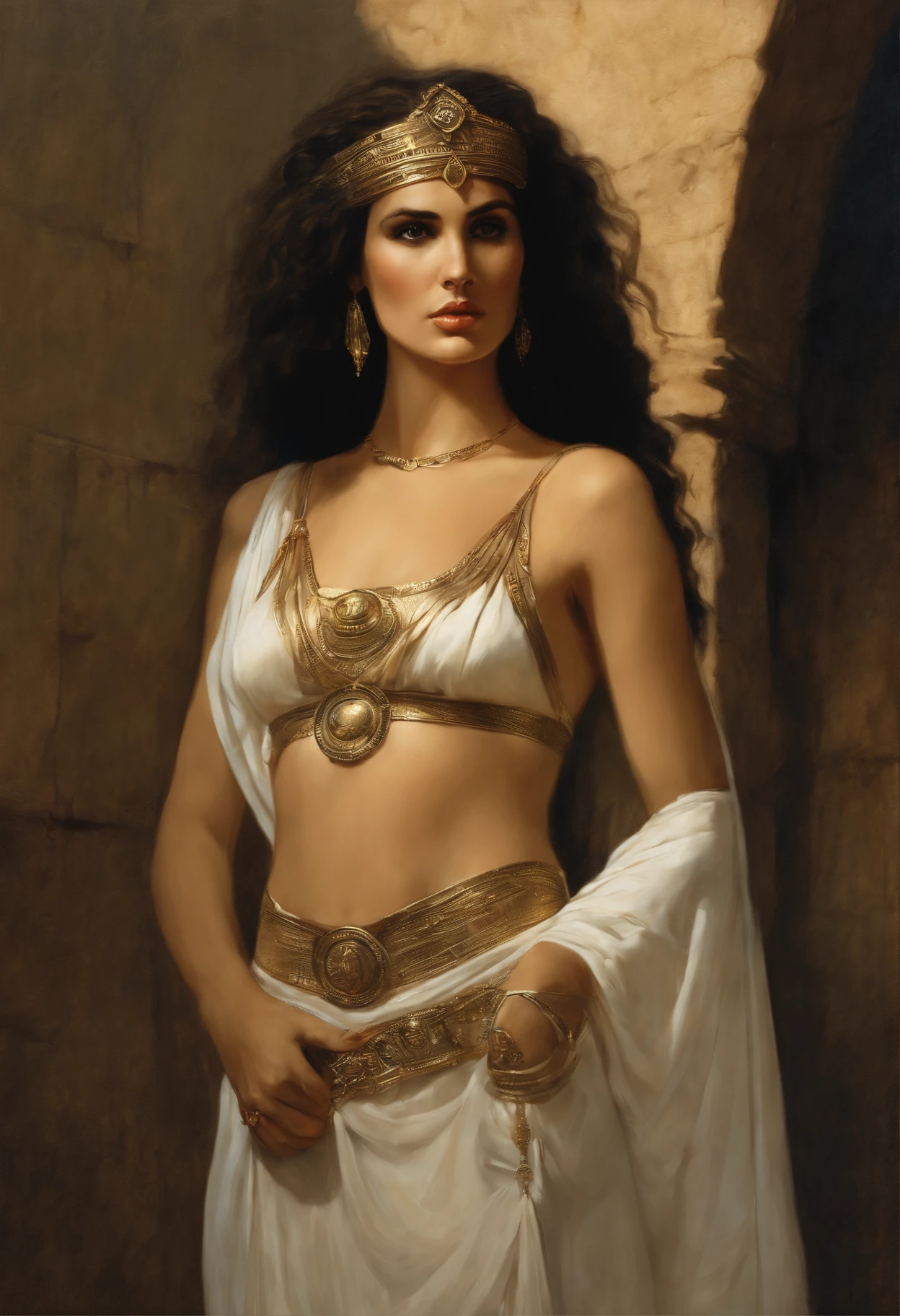 真实感, dark fantasy style, John Tolkien style, Small painting by Jean-Baptiste Monge, Soft facial features, Angribert'eyebrows, potato nose, Girl with dark hair in the image of Cleopatra....., semi-nude image, Modern style, Sexy image, image of modern Cleopatra, Topic and skirt, midriff exposed, girl dressed, in the style of half-naked Cleopatra, looking at away, long large strands of dark hair, hair blowing in wind, dressed in the style of a modern Cleopatra, Predatory gaze, predatory nature, I'I'I'I'I'm standing next to a convertible, the morning sun is shining, The city, megalopolis, city trail, big house, glass skyscraper Jean-Baptiste Monge, anthropomorphic --ar 2:3 --testp -optimistic;