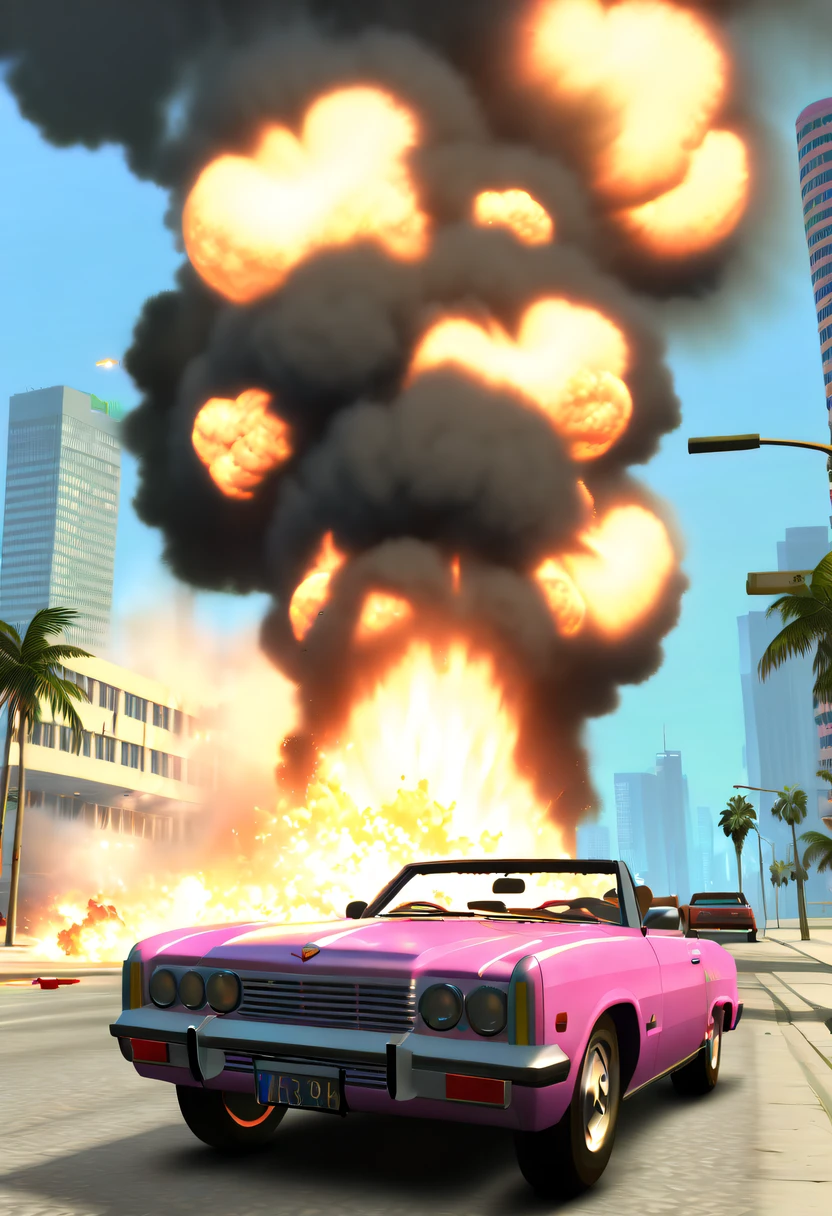 (Best quality,4K,8K,A high resolution,tmasterpiece:1.2), ultra - detailed, (actual,realistically,realisticlying:1.37), (GTA STYLE:1.5) ,(A girl escapes an explosion in a car:1.8),Burning car,There are gunshots everywhere,City lights are bright at night,Reflection of neon lights on car windshield,traffic chaos, hasty, intense chase scene, Cinematic action, Night streets, high speed pursuit, on the verge of danger, the last Stand, epic showdown, dramatic climax, exciting ending, stunning visuals, Immersive atmosphere, Detailed car model, Realistic game engine, tough environment, Dynamic camera angle, Dynamic lighting effects, Realistic gunshots, dramatic music, intense emotions.(GTA Vice City,GTA 5 cover art, GTA STYLE: 1.5),