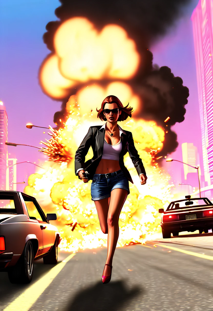 (Best quality,4K,8K,A high resolution,tmasterpiece:1.2), ultra - detailed, (actual,realistically,realisticlying:1.37), (GTA STYLE:1.5) ,(A girl escapes an explosion in a car:1.8),Burning car,There are gunshots everywhere,City lights are bright at night,Reflection of neon lights on car windshield,traffic chaos, hasty, intense chase scene, Cinematic action, Night streets, high speed pursuit, on the verge of danger, the last Stand, epic showdown, dramatic climax, exciting ending, stunning visuals, Immersive atmosphere, Detailed car model, Realistic game engine, tough environment, Dynamic camera angle, Dynamic lighting effects, Realistic gunshots, dramatic music, intense emotions.(GTA Vice City,GTA 5 cover art, GTA STYLE: 1.5),