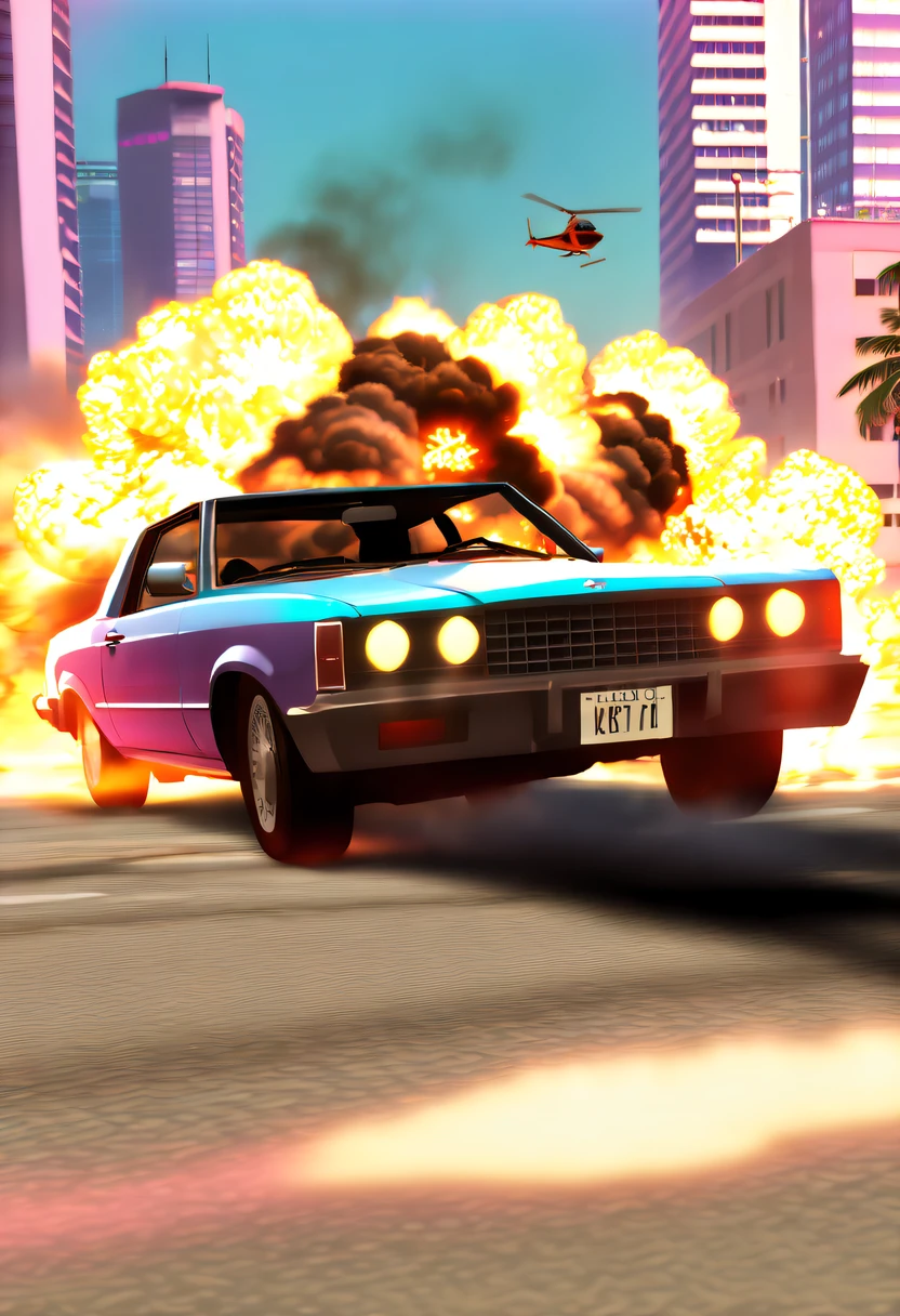 (Best quality,4K,8K,A high resolution,tmasterpiece:1.2), ultra - detailed, (actual,realistically,realisticlying:1.37), (GTA STYLE:1.5) ,(A girl escapes an explosion in a car:1.8),Burning car,There are gunshots everywhere,City lights are bright at night,Reflection of neon lights on car windshield,traffic chaos, hasty, intense chase scene, Cinematic action, Night streets, high speed pursuit, on the verge of danger, the last Stand, epic showdown, dramatic climax, exciting ending, stunning visuals, Immersive atmosphere, Detailed car model, Realistic game engine, tough environment, Dynamic camera angle, Dynamic lighting effects, Realistic gunshots, dramatic music, intense emotions.(GTA Vice City,GTA 5 cover art, GTA STYLE: 1.5),